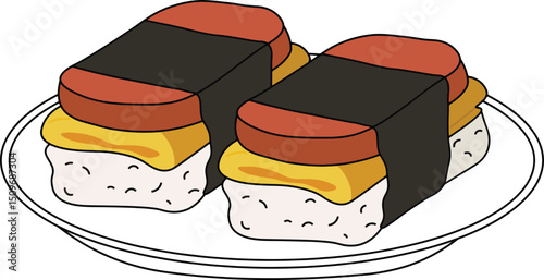 Spam Musubi on Plate – grilled Spam layered over egg and rice, wrapped in nori seaweed. 