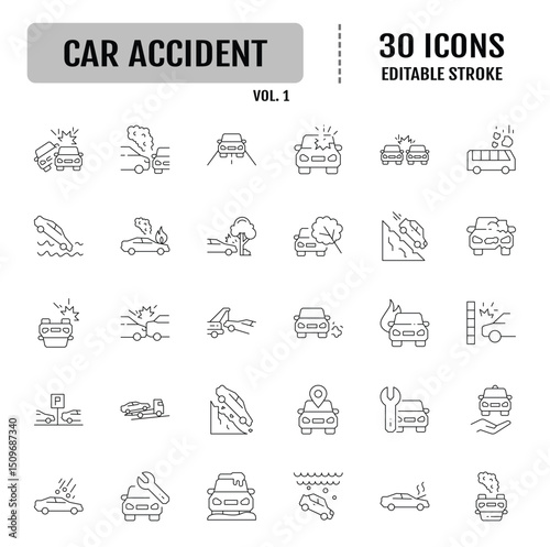 Car accident line icon set. Editable stroke. Containing as car, crash, collision, accident, damage, and more. Vector illustration