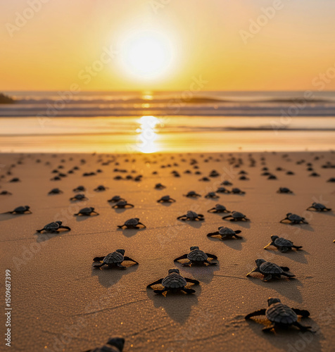 Sea Turtle Hatchlings Crawling on Sandy Beach at Sunset
