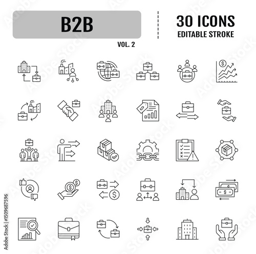 B2B icon set. Business to business, supplier, commerce, vendor, enterprise, partnership, manufacturer, purchase order, supply chain, transaction, quotation and more. Vector illustration