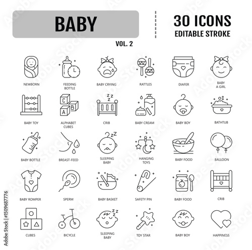 Baby line icon set. Editable stroke. Vector illustration