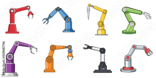 Multiple vector illustrations robotic arms, outlines