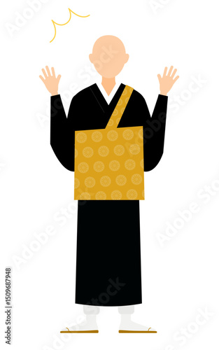 仏教のお坊さんが驚いて両手を広げるシンプルなイラスト