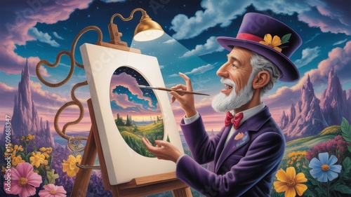 Joyful elderly artist in whimsical attire paints a vibrant dreamscape on an illuminated canvas