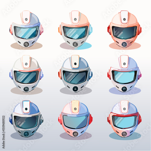A sleek vector sheet of space helmets, each with distinct visors and futuristic flair—perfect for character or game design.