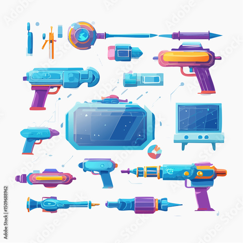 A sharp sci-fi icon sheet featuring high-tech gear and weaponry—great for game interfaces or comics.