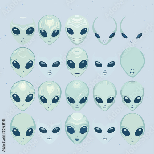 A lineup of alien species heads in vector style, ideal for games, comics, and branding with a sci-fi twist.