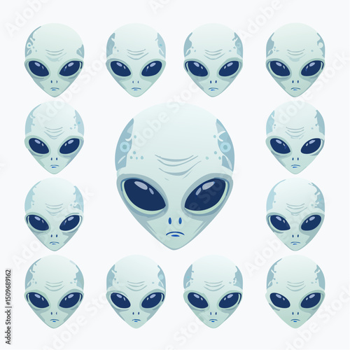 A lineup of alien species heads in vector style, ideal for games, comics, and branding with a sci-fi twist.
