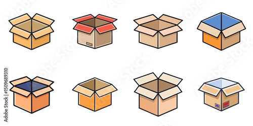 Multiple vector illustrations of opened boxes, outlines