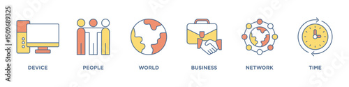 Internet of things banner web icon vector illustration concept with icon of device, people, world, business, network and time