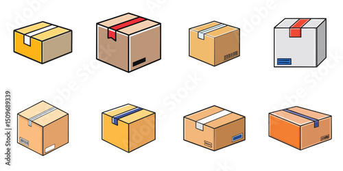 Multiple vector illustrations cardboard boxes, outlines