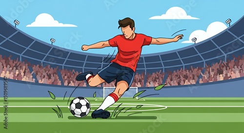 Soccer Player Kicking Ball on Field in Stadium with Crowd