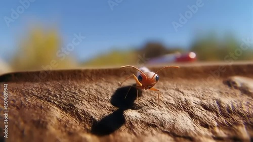 Macro perspective of a curious ant under the sun exploring new territories