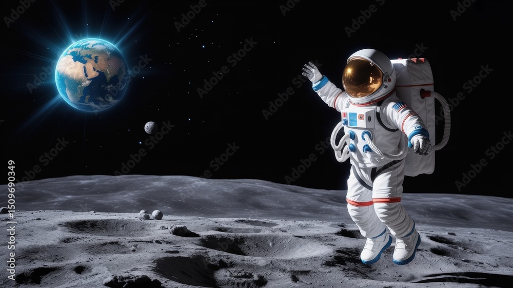 Obraz premium Lunar Pioneer Waves from Moon's Surface, Earth Shines in Cosmic Vastness Far Beyond