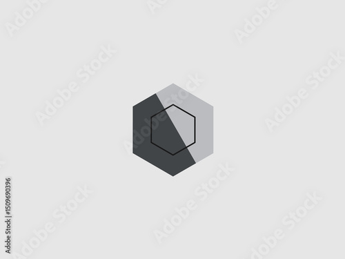 An abstract geometric icon featuring a hexagon divided diagonally into a dark gray section and a light gray section