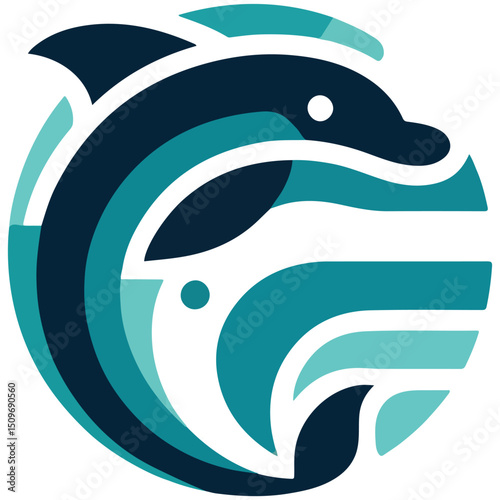 Stylized image of two dolphins in a circle of blue tones