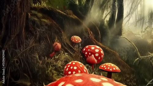 Enchanted Forest Floor Featuring Unique Fungi with Dotted Red Caps