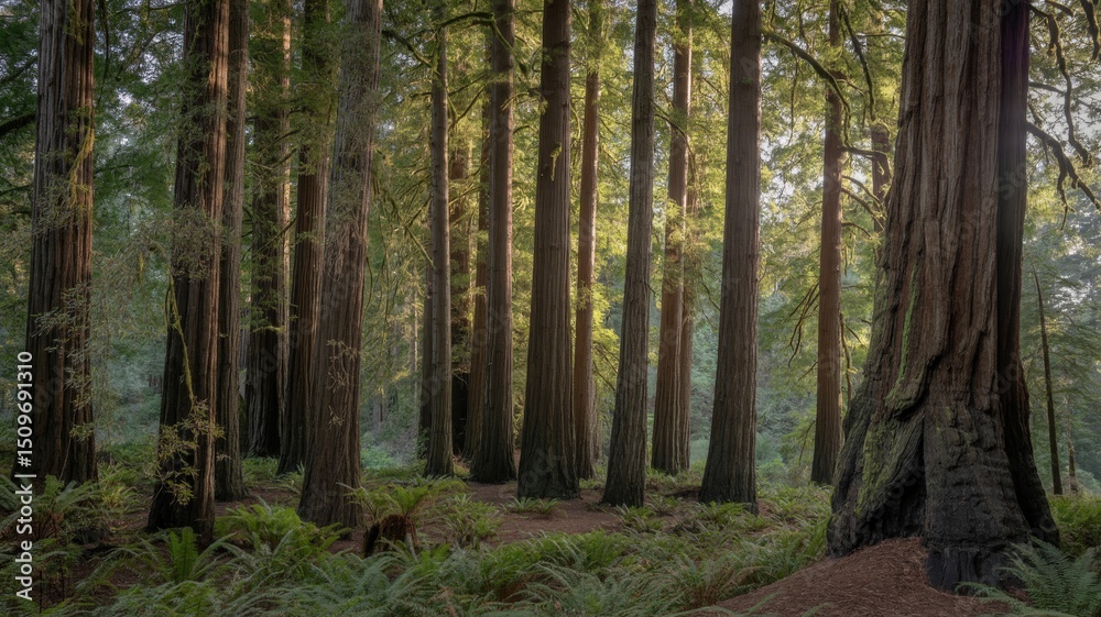 Fototapeta premium Majestic Redwood Giants Standing Tall in Sun-Dappled Ancient Forest Grove