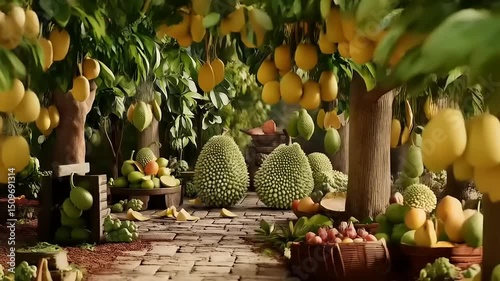 Exotic Durian Garden: A Bountiful Harvest of Tropical Fruits and Lush Greenery
