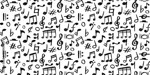 Seamless pattern of charcoal scribble music notes. Handwritten black pop doodles for fun, vibrant designs. Vector illustration of a cute childish music school pastel or wax pencil signs.