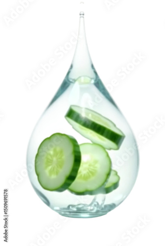 A water droplet containing cucumber slices, symbolizing coolness and natural care. Ideal for skincare, wellness, spa, and organic product