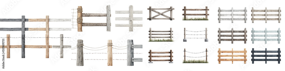 Obraz premium Rustic wood fences crafted from various textures and colors, showcasing different styles including split-rail, picket, and post-and-rail for agricultural and decorative uses