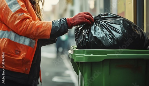 An eco-friendly recyclable black trash bag is thrown into a large