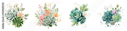 Vibrant succulent flower arrangements in soft green and pastel hues showcasing intricate designs, ideal for botanical themed decor, interior designs, and floral illustrations