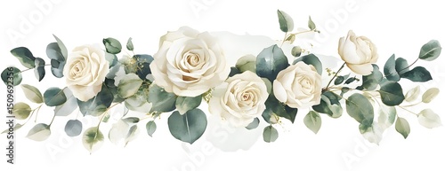 Watercolor floral clipart, white roses and eucalyptus flower arrangements, white background, 