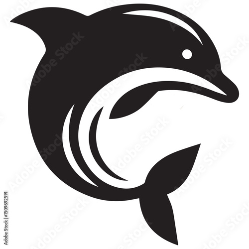 Black dolphin leaps streamlined with curved body and tail White accents define shape