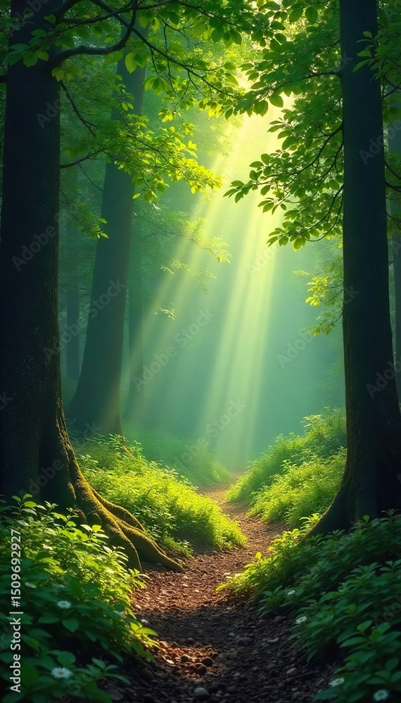 Fototapeta premium Sun-dappled forest floor, soft light filtering through leaves, creating a magical atmosphere Perfect for nature, fantasy, or fairytale themes Tranquil scene, peaceful ambiance , ethereal, vibrant