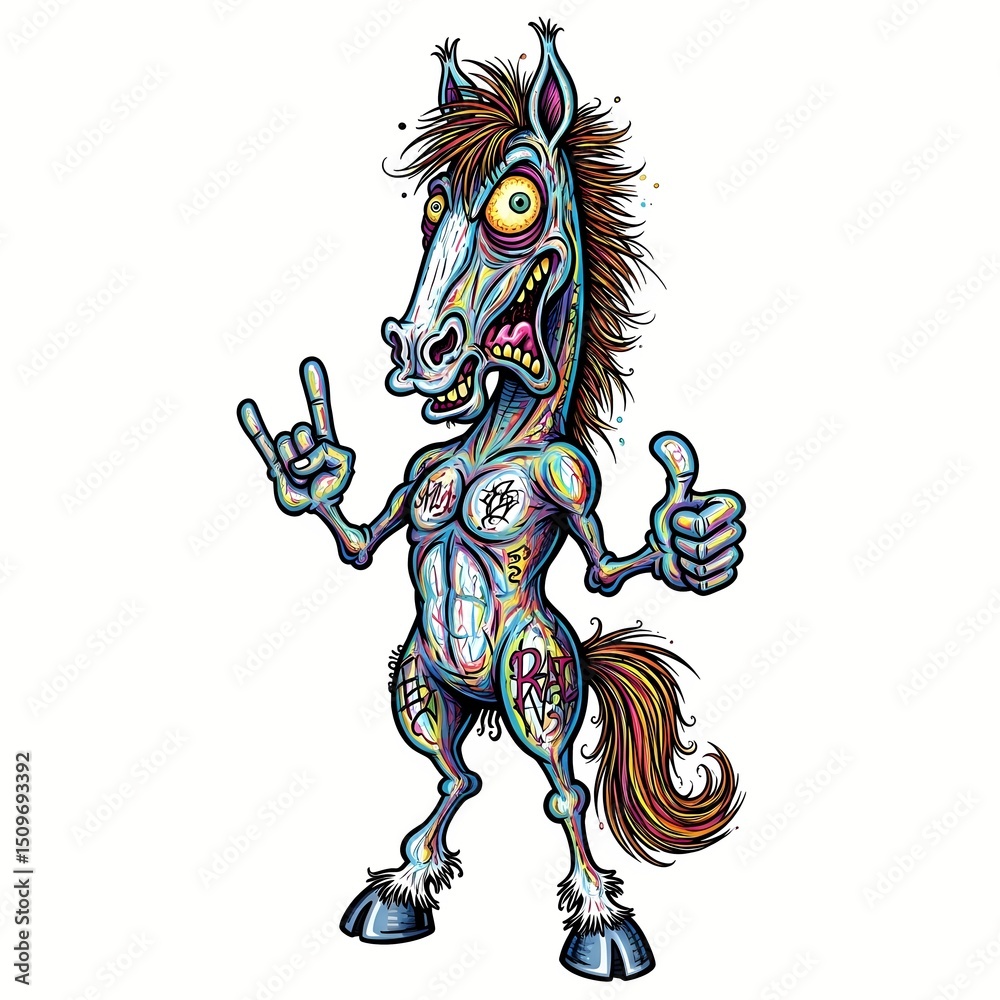 Fototapeta premium cartoon caricature illustration of a crazy funny wild horse, pony, silly, goofy, humor, expressive, caricature, low brow, crazy, humor, creature, exaggerated, goofy, goofy equine, crazy horse