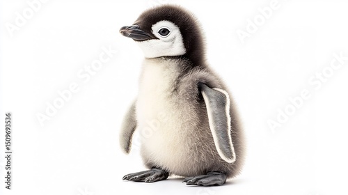 Curious baby penguin standing on its tiny webbed feet fluffy gray feathers visible isolated on a white background