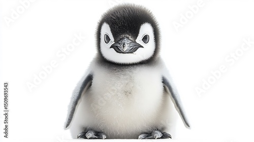 Curious baby penguin standing on its tiny webbed feet fluffy gray feathers visible isolated on a white background