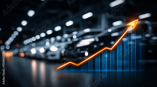 Automotive Sales Growth: An upward trending graph overlays a row of new cars in a showroom, symbolizing growth and success in the automotive industry.