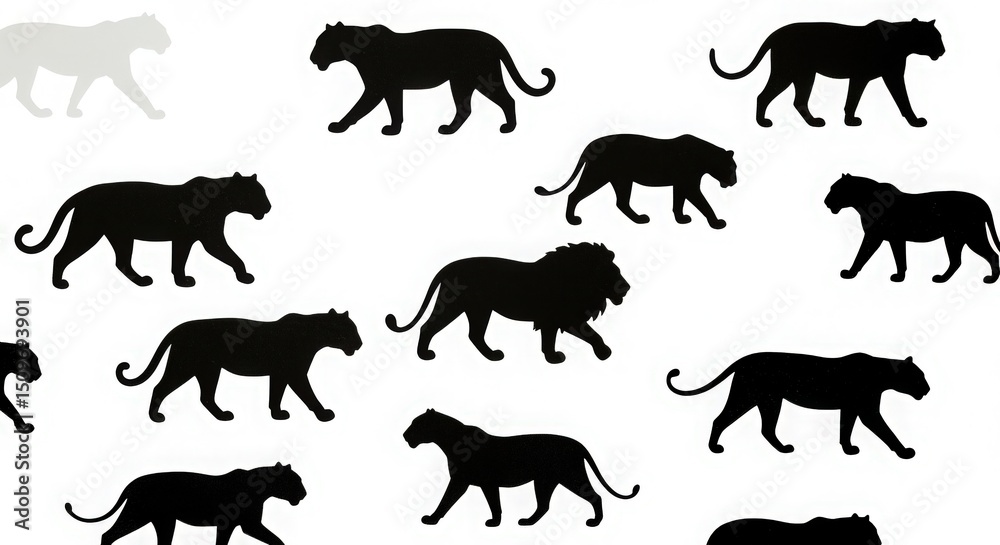 Obraz premium Wild panther silhouettes walking in various poses isolated on white background vector set