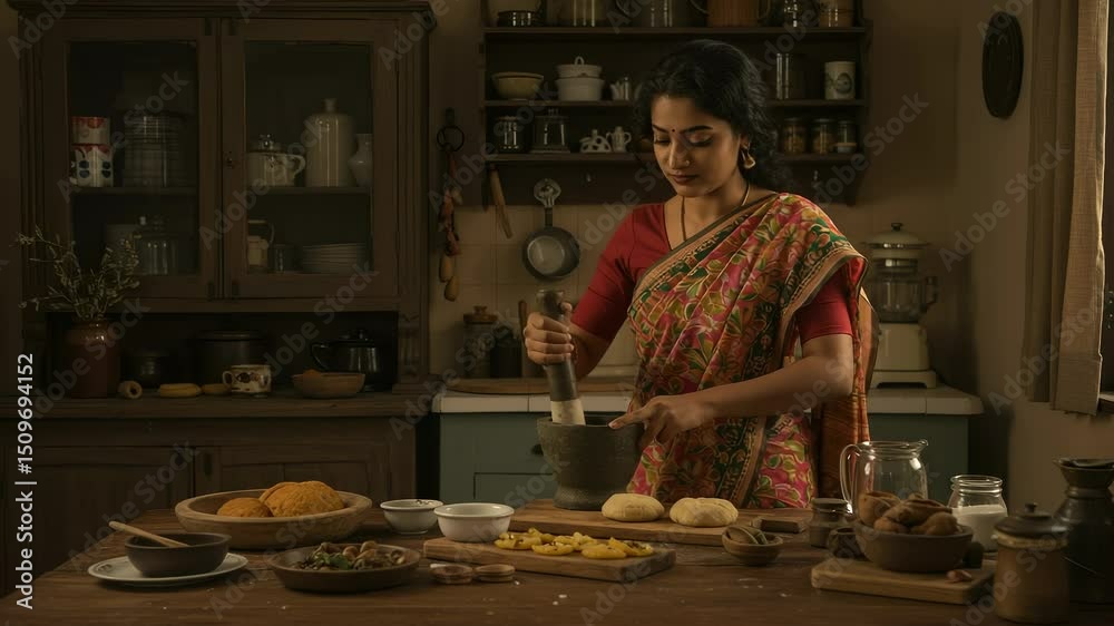 Woman in traditional Indian attire grinds spices with mortar and pestle in warm kitchen