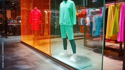 Stylish boutique window display with vibrant mannequin ensembles and modern design