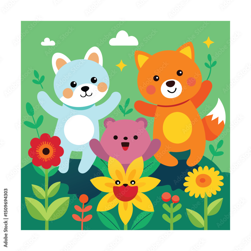 Naklejka premium Happy Garden Animals Group Illustration