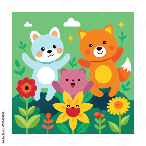 Happy Garden Animals Group Illustration