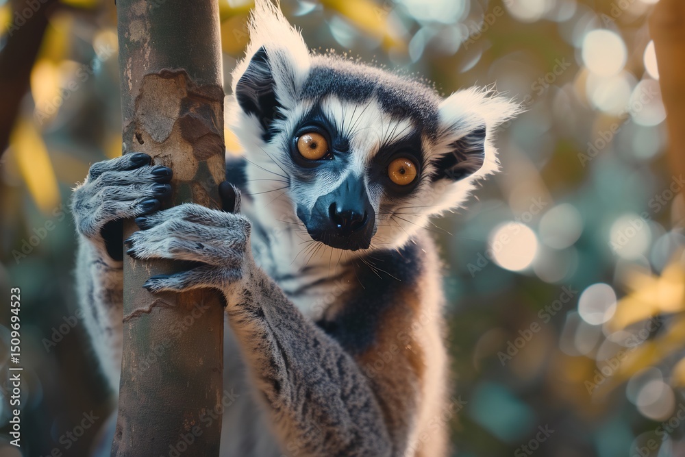 Fototapeta premium Curious lemur clinging to a tree branch its big round eyes staring into the camera dense tropical forest in the background soft natural lighting