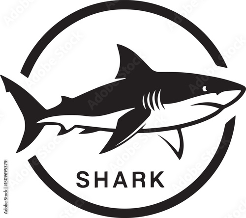 A black and white logo featuring a shark encircled by a broken ring with the word SHARK below it