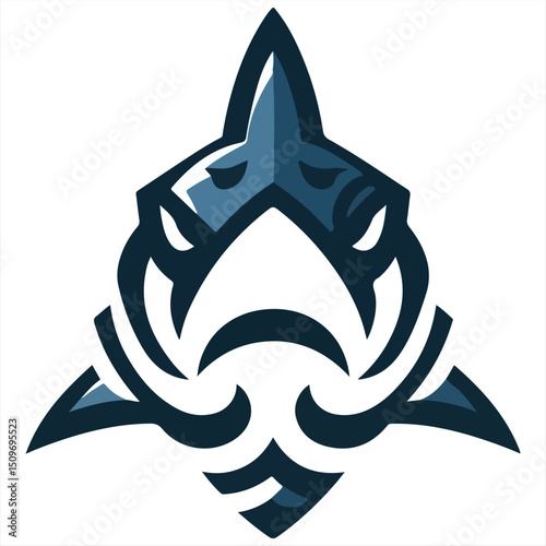 Cartoonstyle blue shark head with abstract designs and a lightcolored open mouth