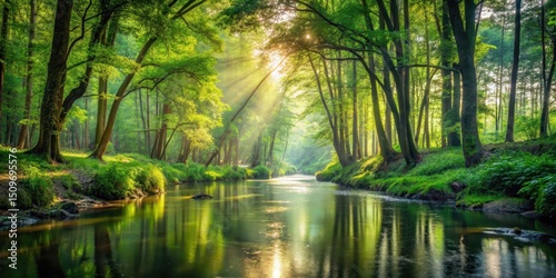 A serene forest with a winding river flowing through it amidst lush greenery and tall trees