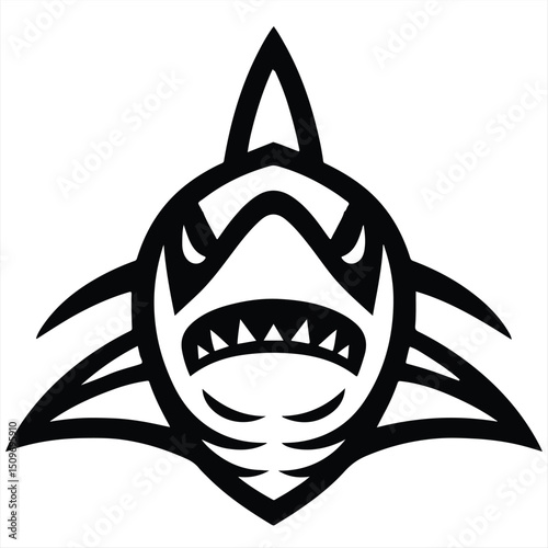 Black  white shark logo with prominent teeth fin  sharp edges