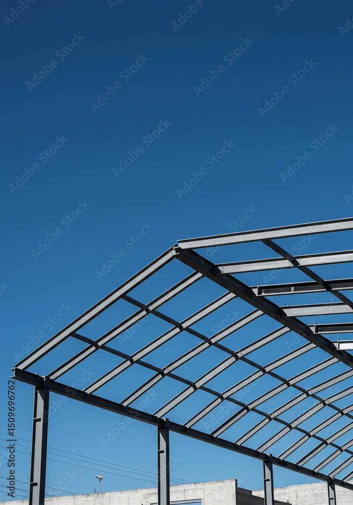 Fototapeta premium 青空広がる鉄骨構造 力強い骨組み 建築現場
