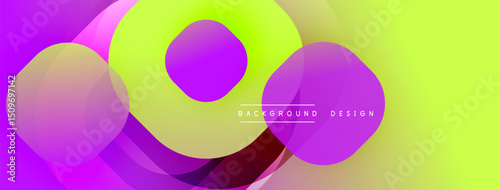 Vibrant abstract shapes overlap, creating dynamic yellow, purple gradients. Modern design feels energetic, fluid.