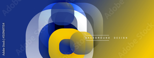 Abstract design features overlapping circles, gradient colors. Blue transitions to gold. Modern, minimalist aesthetic. Clean composition.