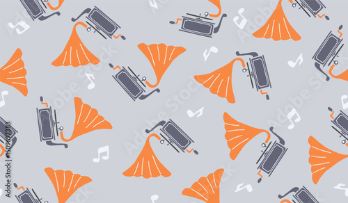 Cute vintage gramophone pattern background vector design