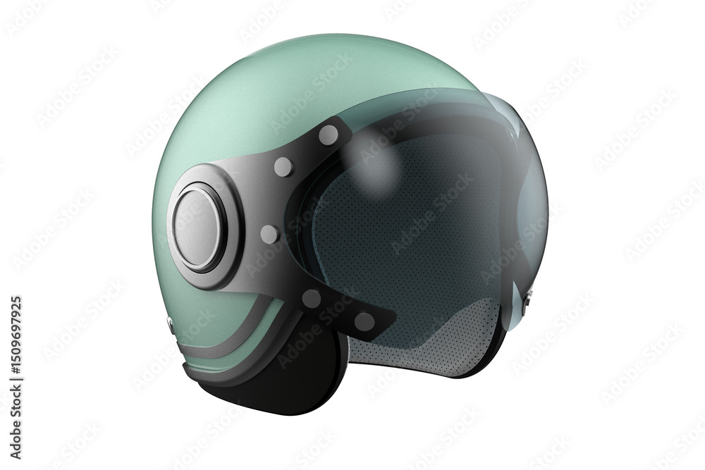 Fototapeta premium Light blue retro scooter helmet with a clear visor, isolated on a PNG Transparent HD Background. Perfect for safety, vintage style, motorcycle, motorbike, riding, and design elements. High resolution.
